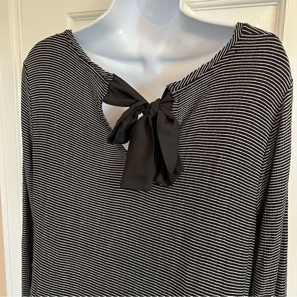 LC Lauren Conrad Womens Black Striped Long Sleeve Tie Bow Keyhole Back Blouse - Picture 5 of 8